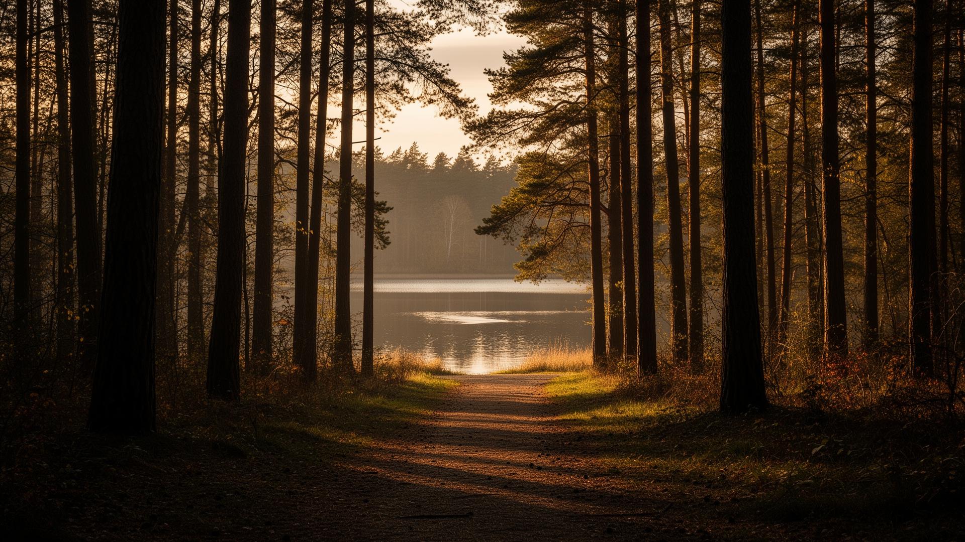 Waldweg im Grunewald zum See in goldenem Abendlicht