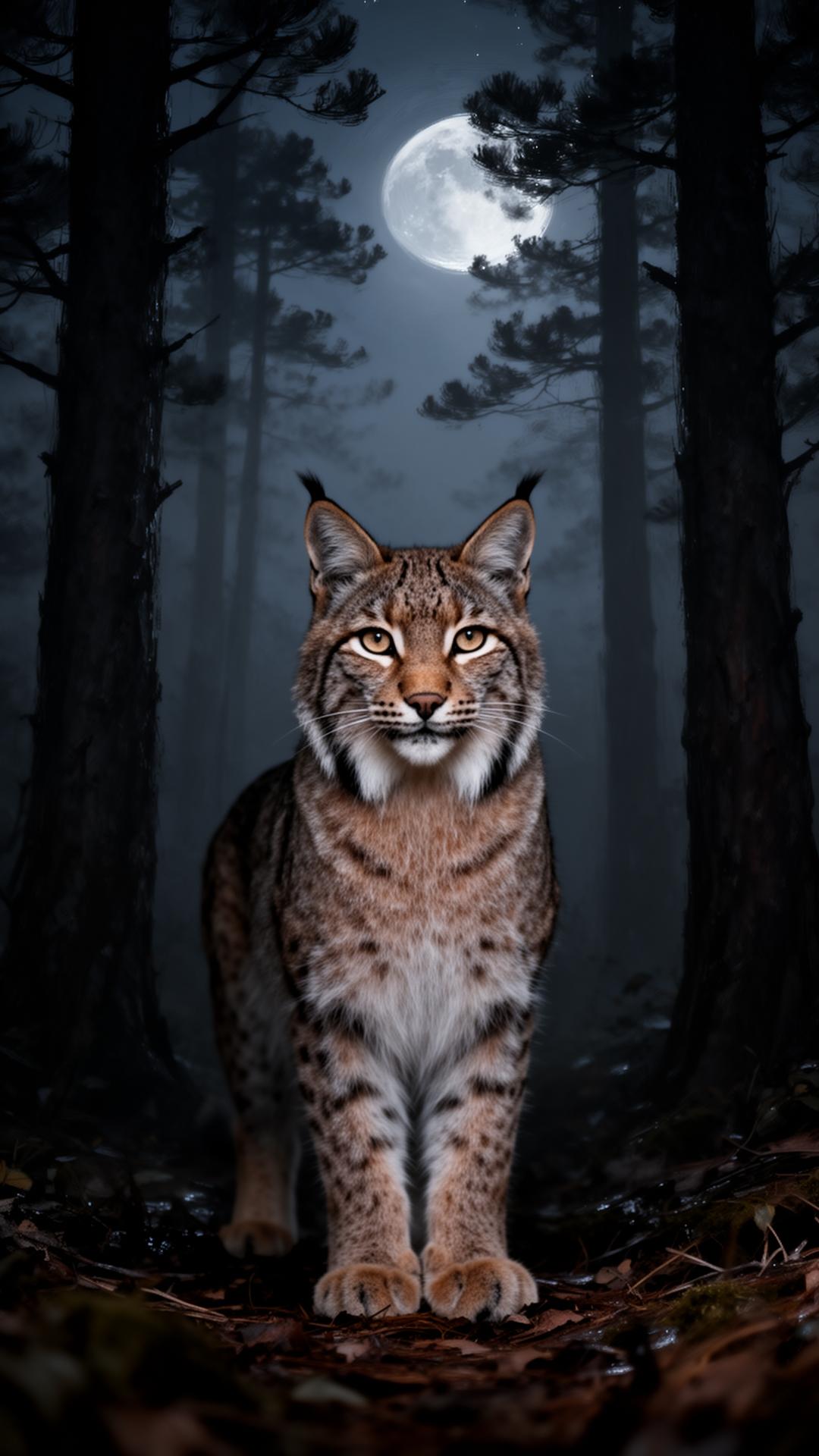 Luchs im nächtlichen Kiefernwald